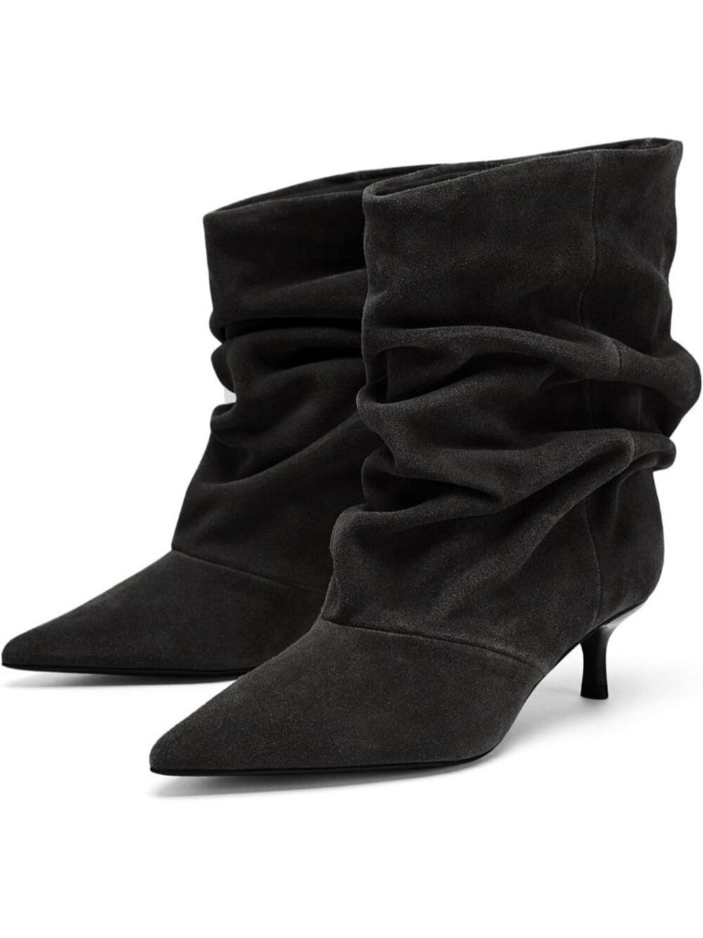 Women's Black Slouchy Pointed Toe Pull On Kitten Heel Casual Short Ankle Boots